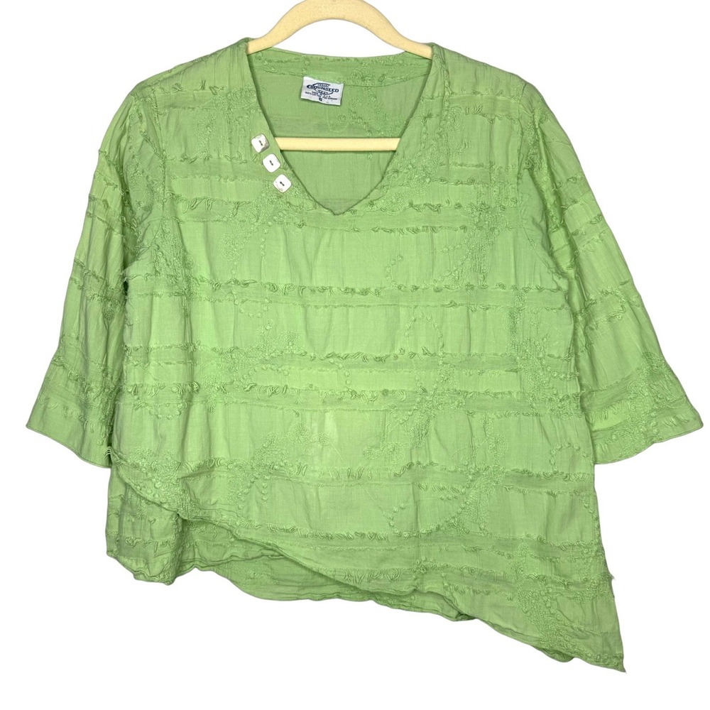 Cottonseed S Green Textured Cotton 3/4 Sleeve Asymmetrical Fringe Made In USA